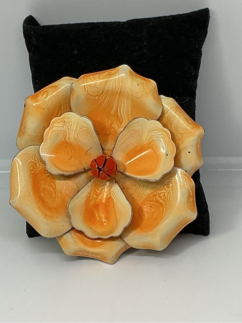 VTG Orange Swirl Enamel Flower Brooch Mid-Century